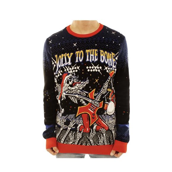 Jolly to the Bone Ugly Christmas Sweater Small Men Women Unisex Skeleton Guitar - Picture 3 of 6